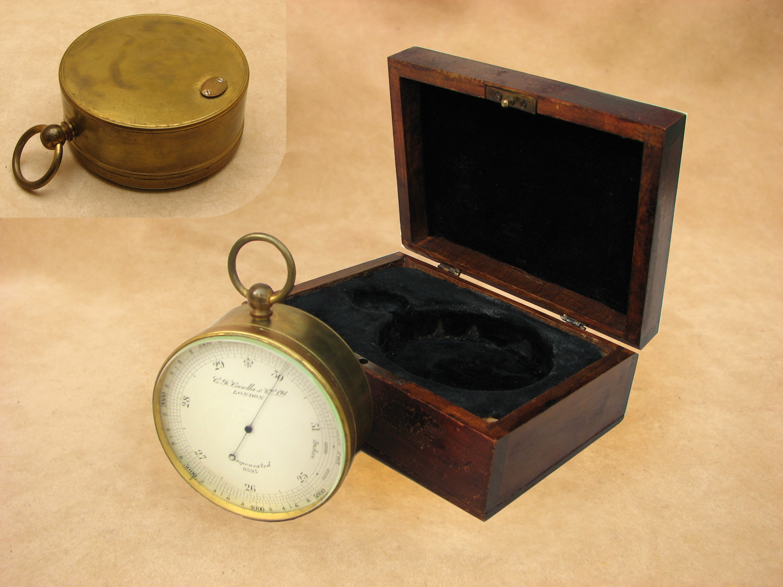 Casella pocket barometer in fitted mahogany case, early 1900's